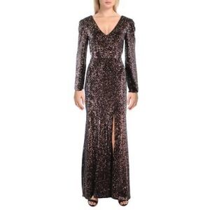Xscape Womens Brown Mesh Sequined Cocktail And Party Dress Gown